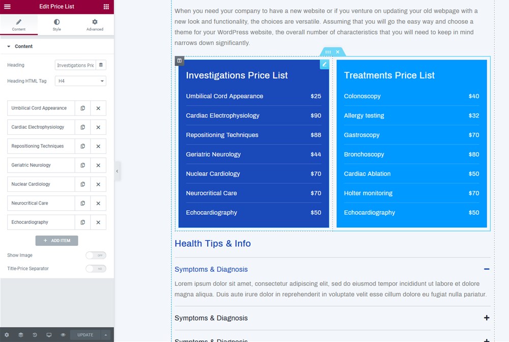 pricing list medial theme wordpress