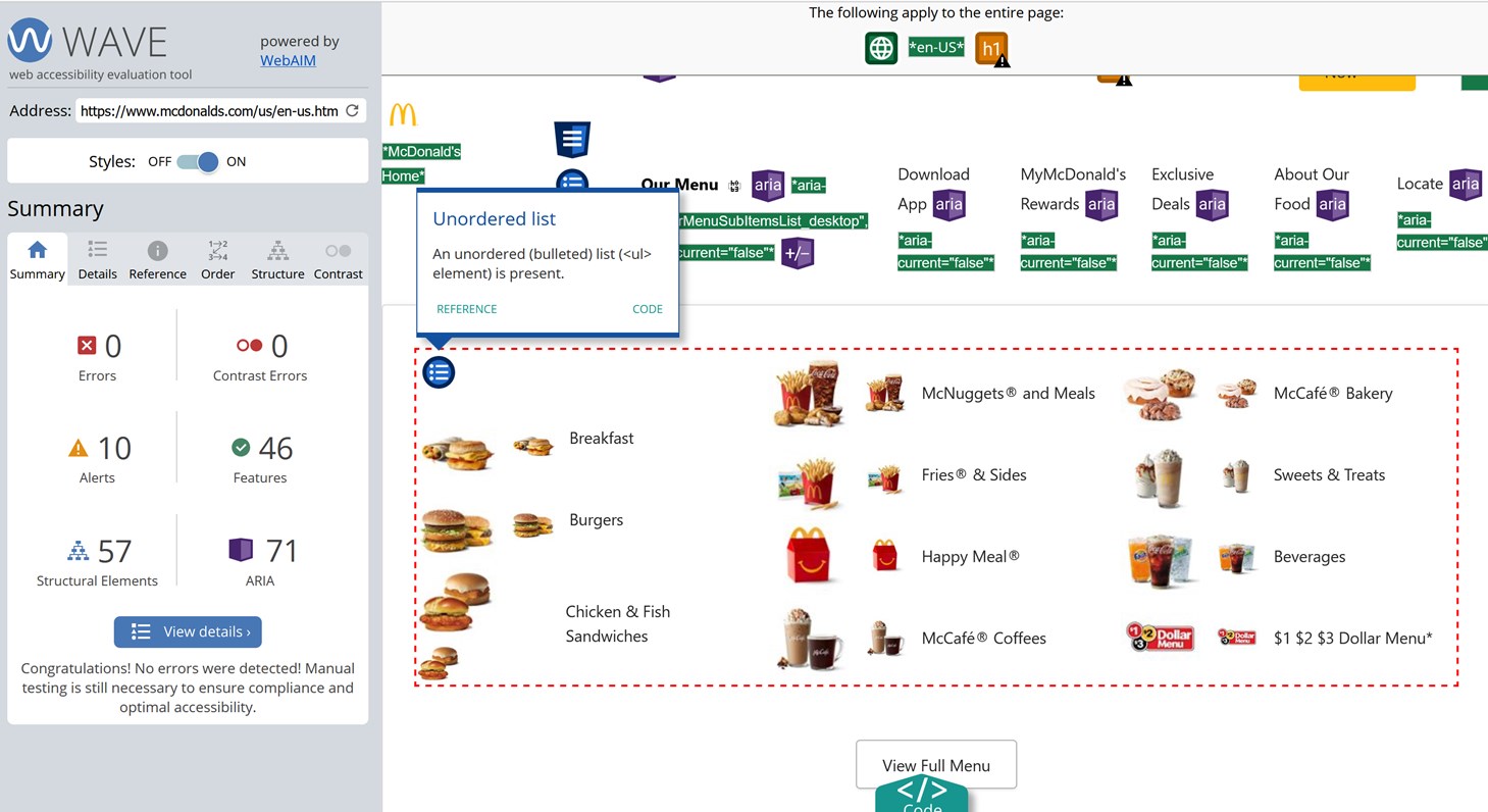 The McDonald's site checked via the Wave tool.