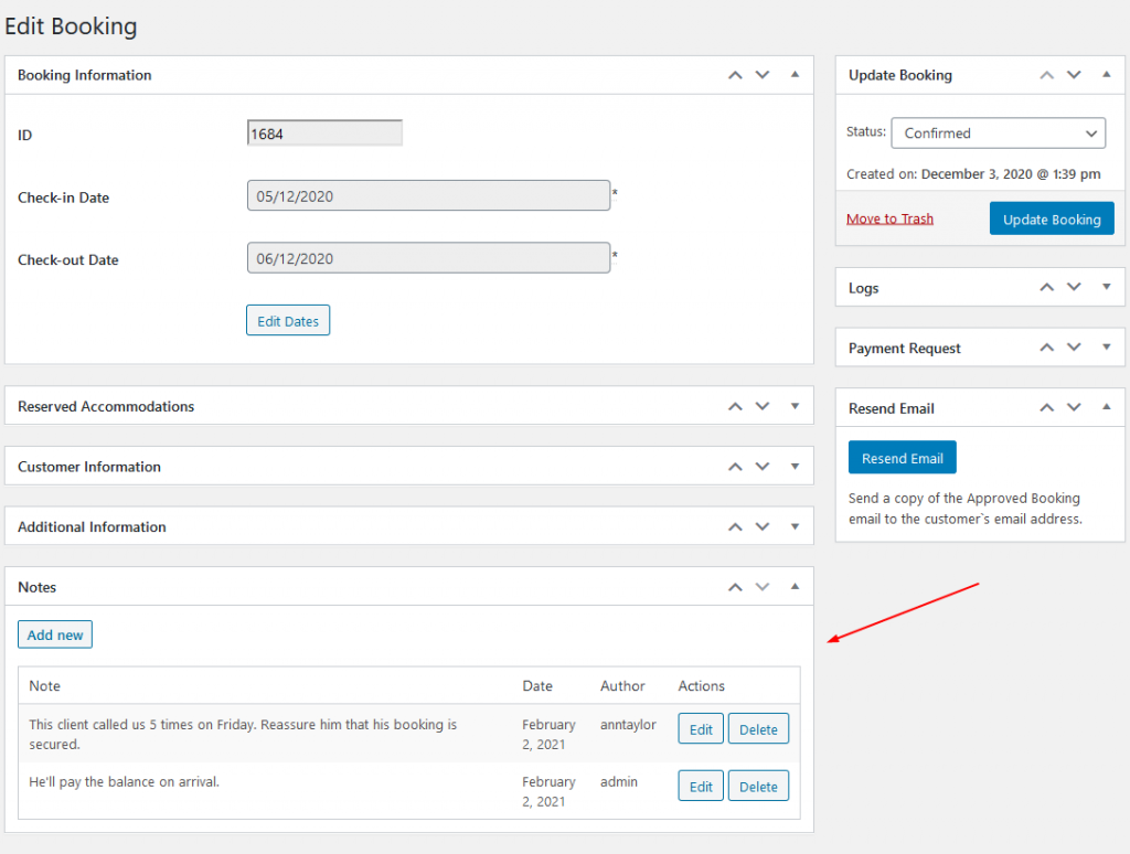 wordpress hotel booking notes