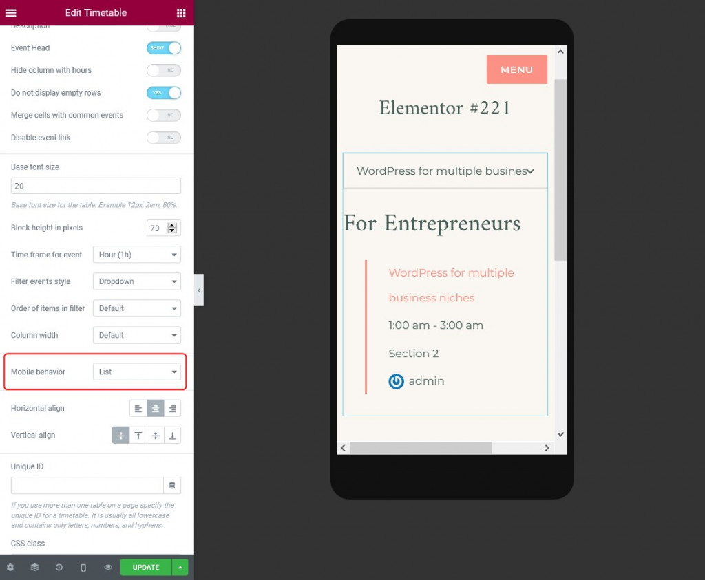 mobile behavior elementor timetable widget