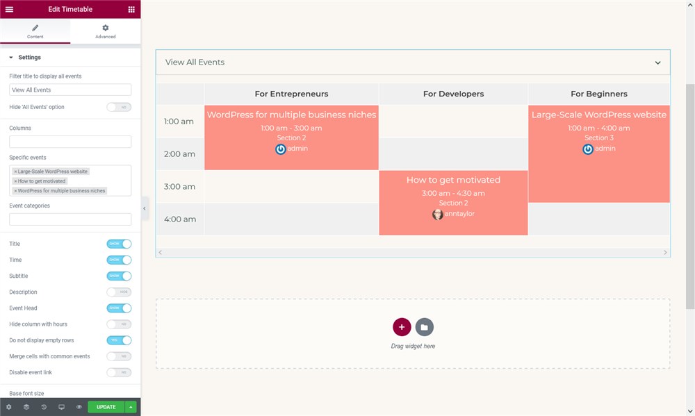 timetable elementor widget