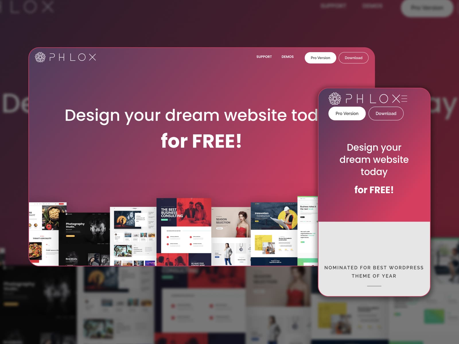 The Phlox multipurpose WordPerss free theme showed in various demos and various color schemes.