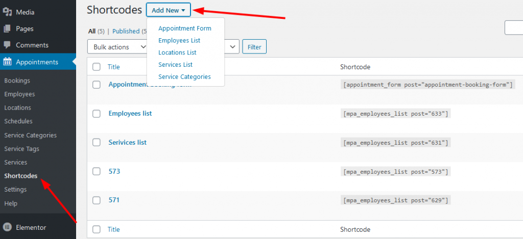 adding shortcodes motopress appointment booking plugin