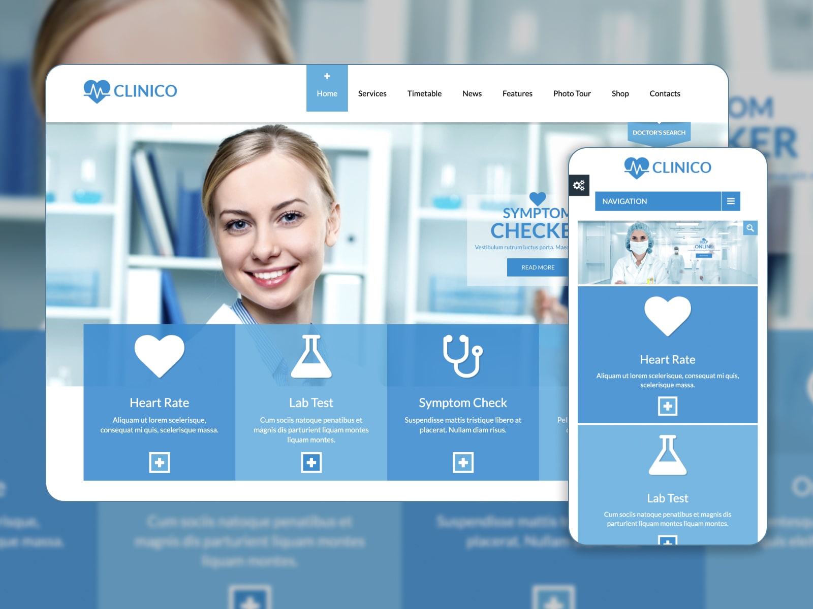 Collage of the Clinico theme demo page for health websites in blue and white colors.