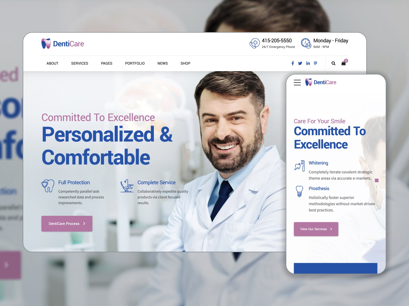 Collage of the DentiCare detal WordPress theme for the best medical websites.