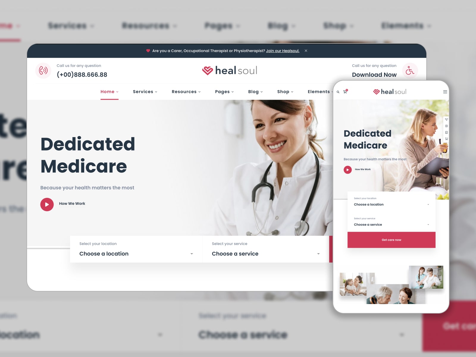 Collage of the Healsoul best WordPress health theme for medical websites in white, red and gray colors.