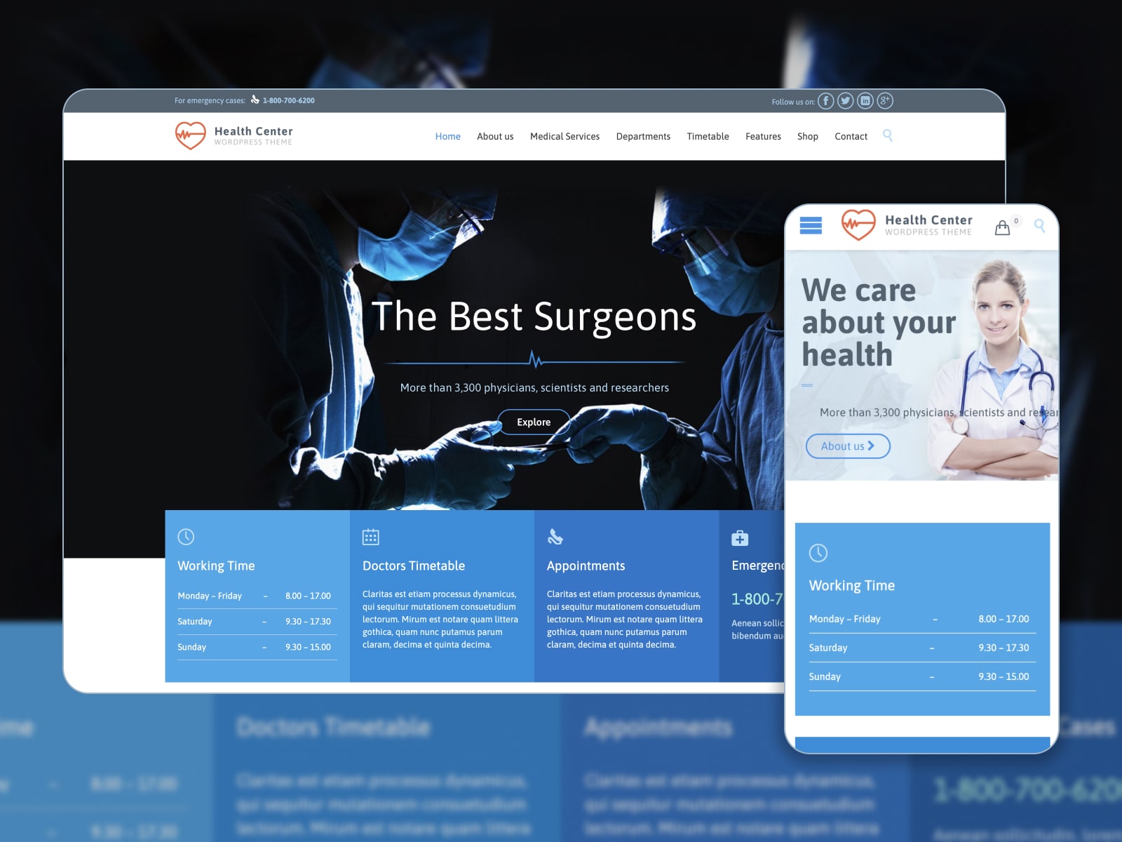 Collage of the Healthcare health theme for doctor WordPress sites in dark-blue, blue and white colors.
