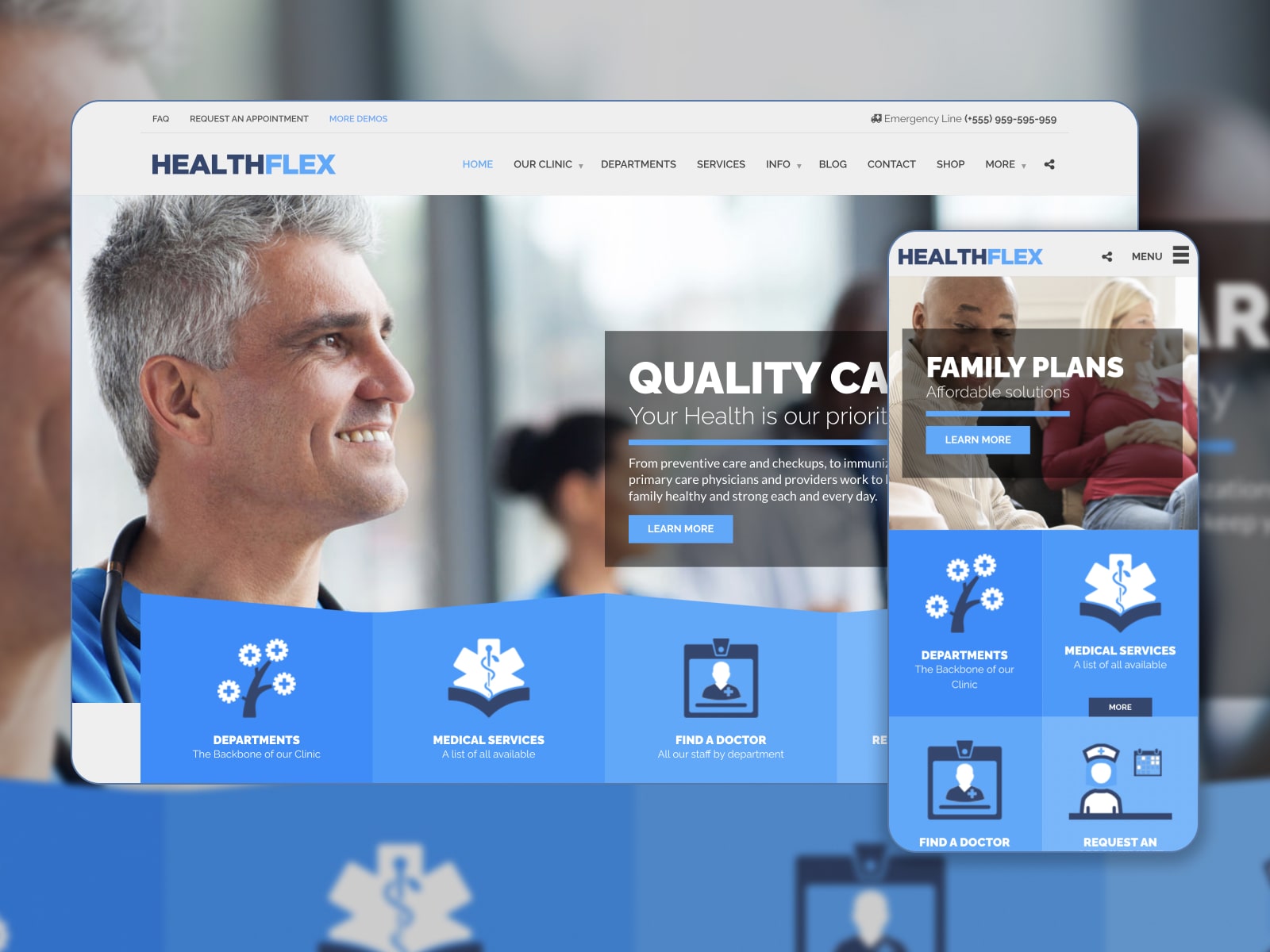Collage of the Healthflex best theme for WordPress websites in blue, gray and black colors.