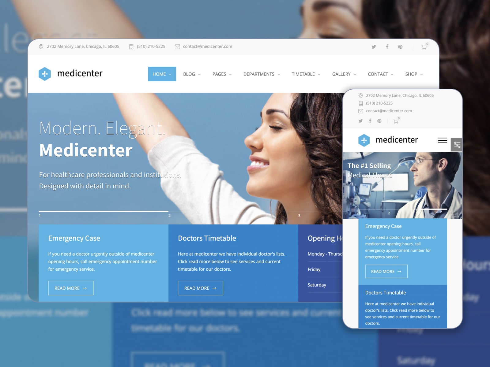 Collage of the MediCenter theme for WordPress medical websites in blue and white colors.