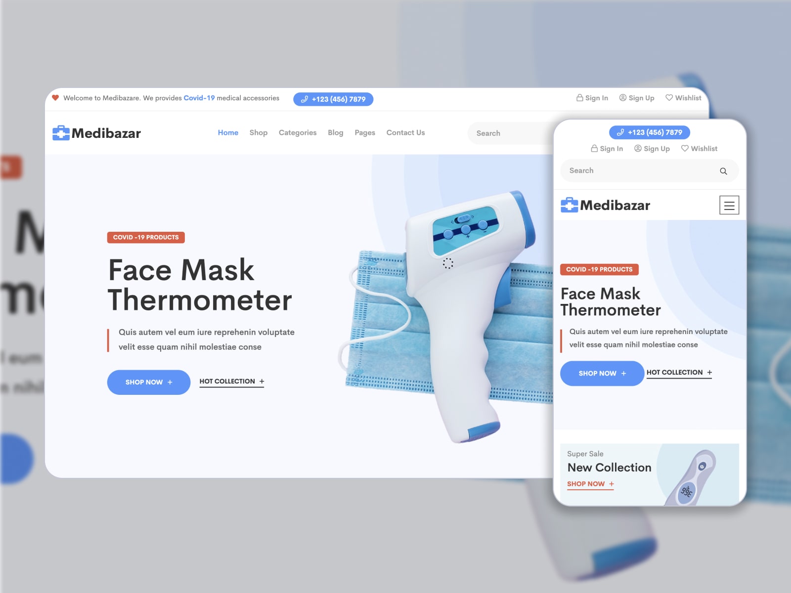 Collage of the Medibazar WooCommerce theme for WordPress medical websites in blue, light-blue and white colors.