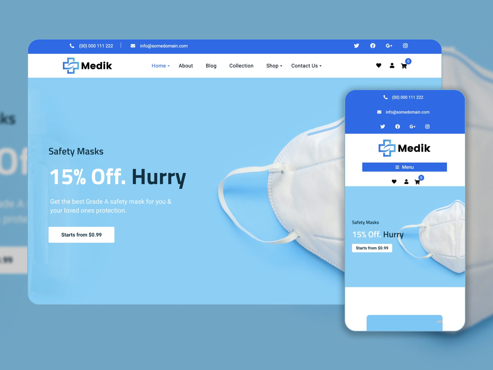 Collage of the Medik theme for WordPress medical store websites in blue, dark-blue and white colors.