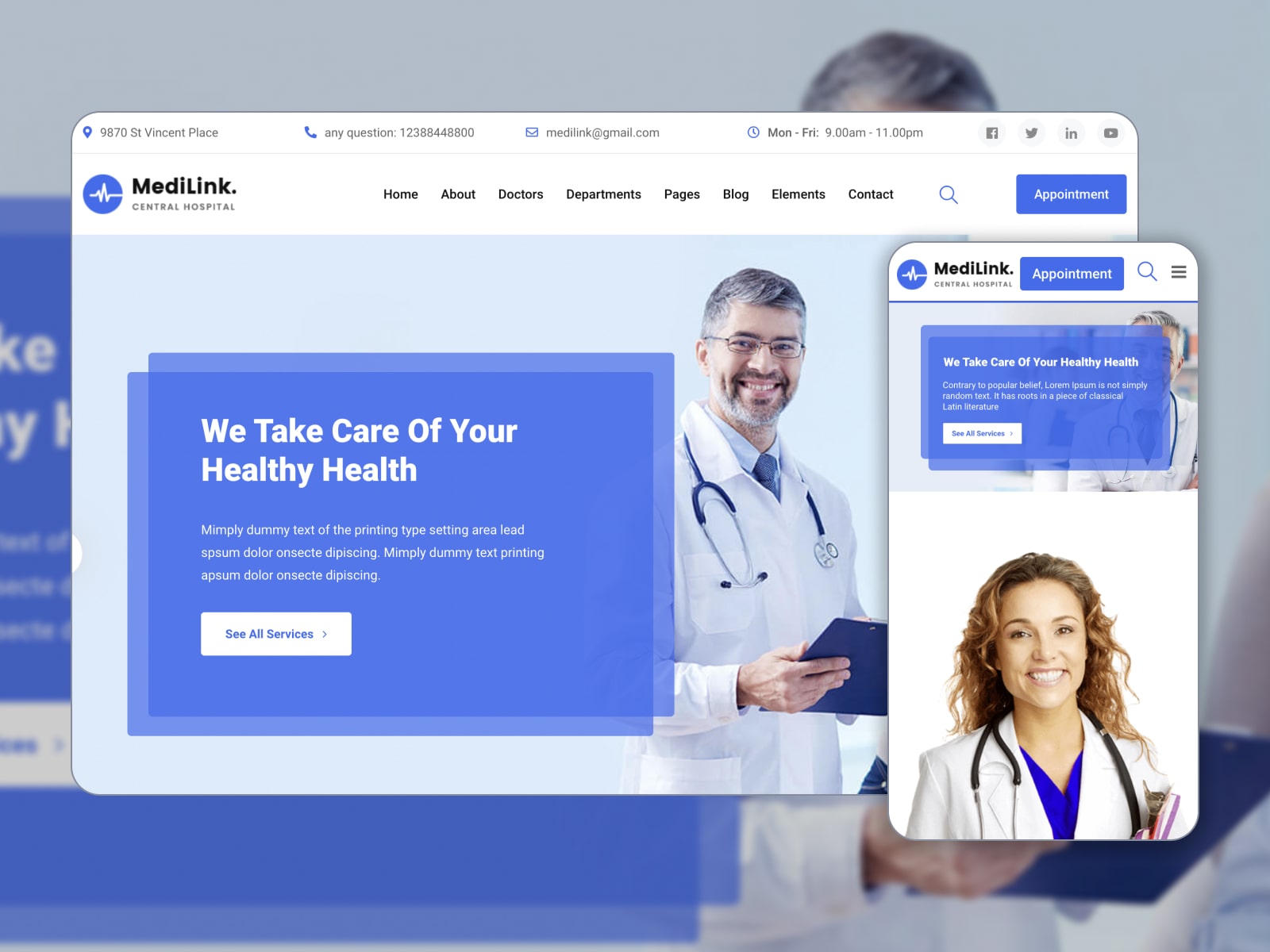 Collage of the Medilink best medical WordPress theme templates in dark-blue, blue and white colors.