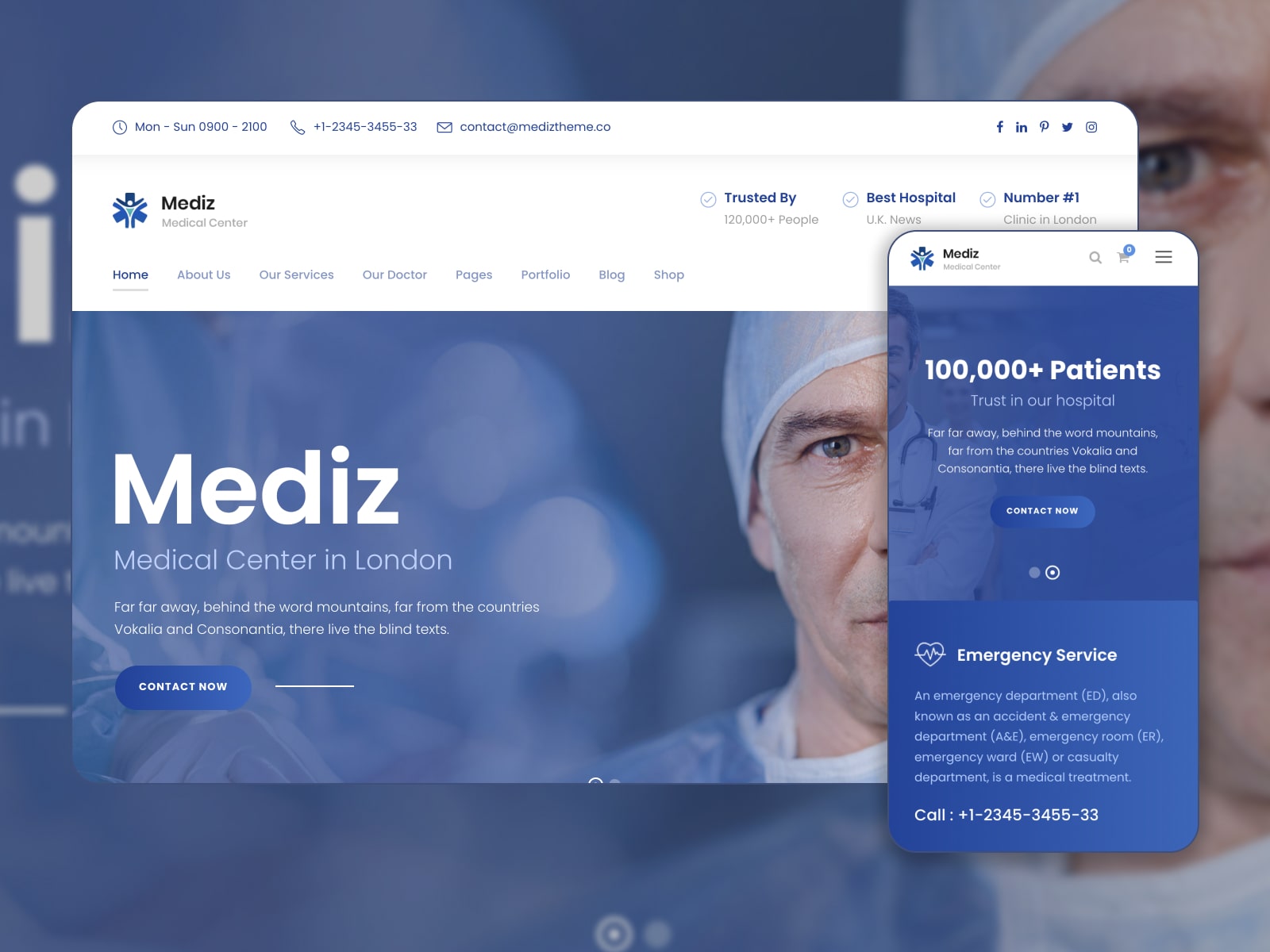 Collage of the Mediz best theme for WordPress medical sites in dark-blue and white colors.