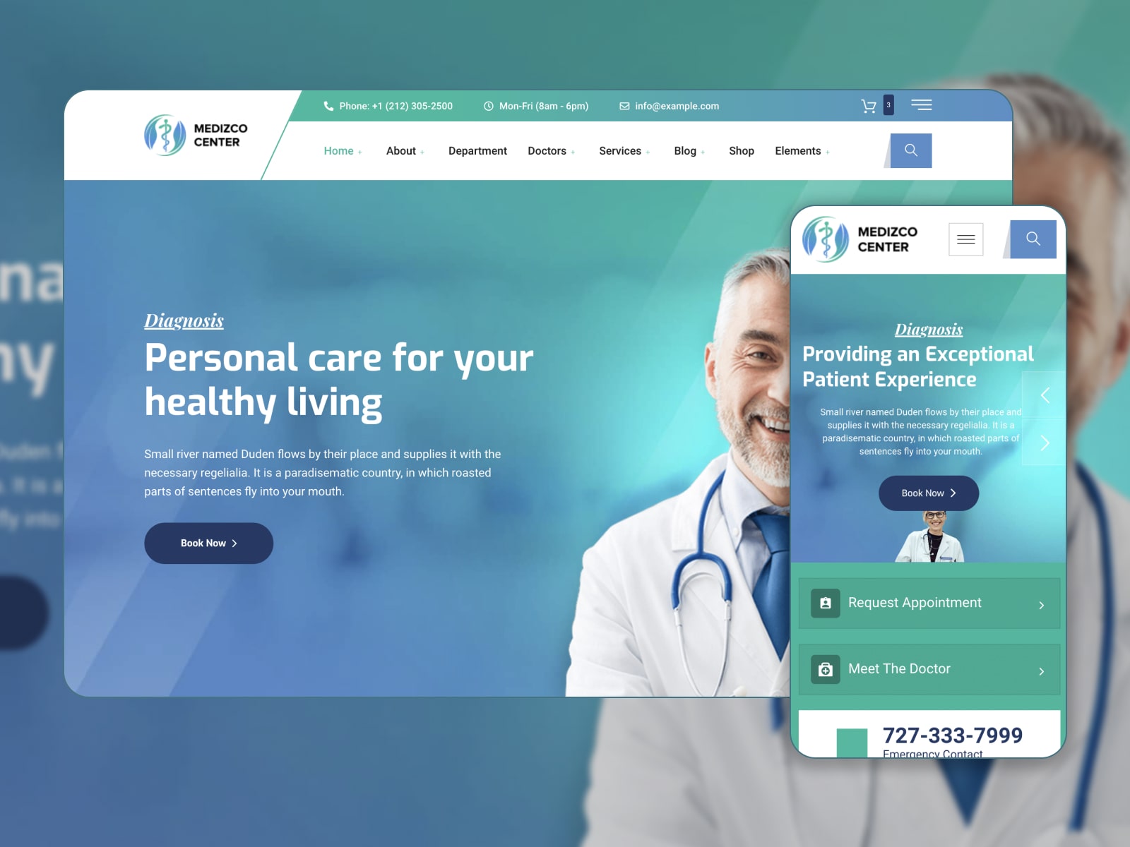 Collage of the Medizco medical theme for WordPress best sites in blue, turquoise and white colors.