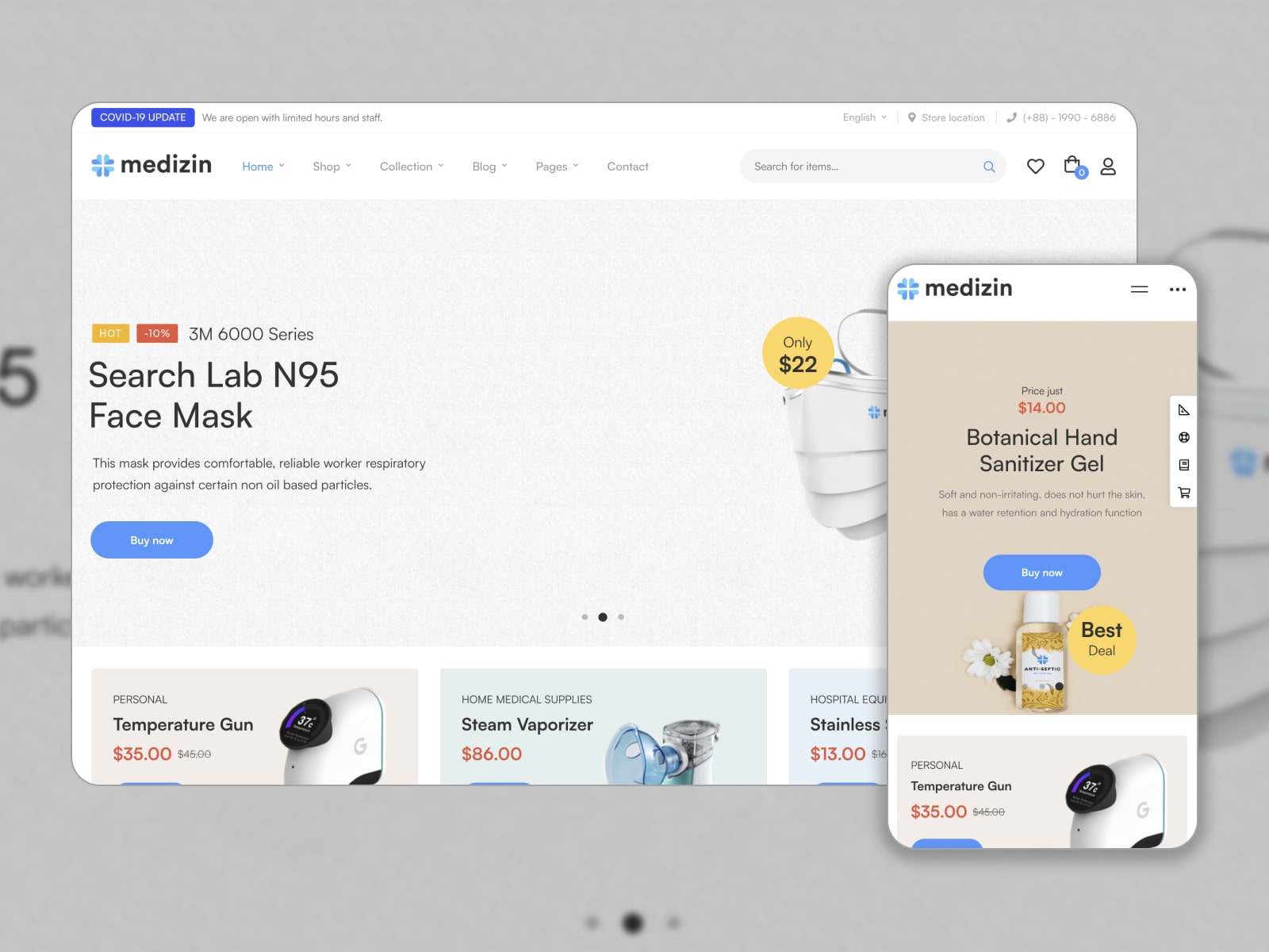 Collage of the Medizin theme demo page in gray, blue, white and beige colors.