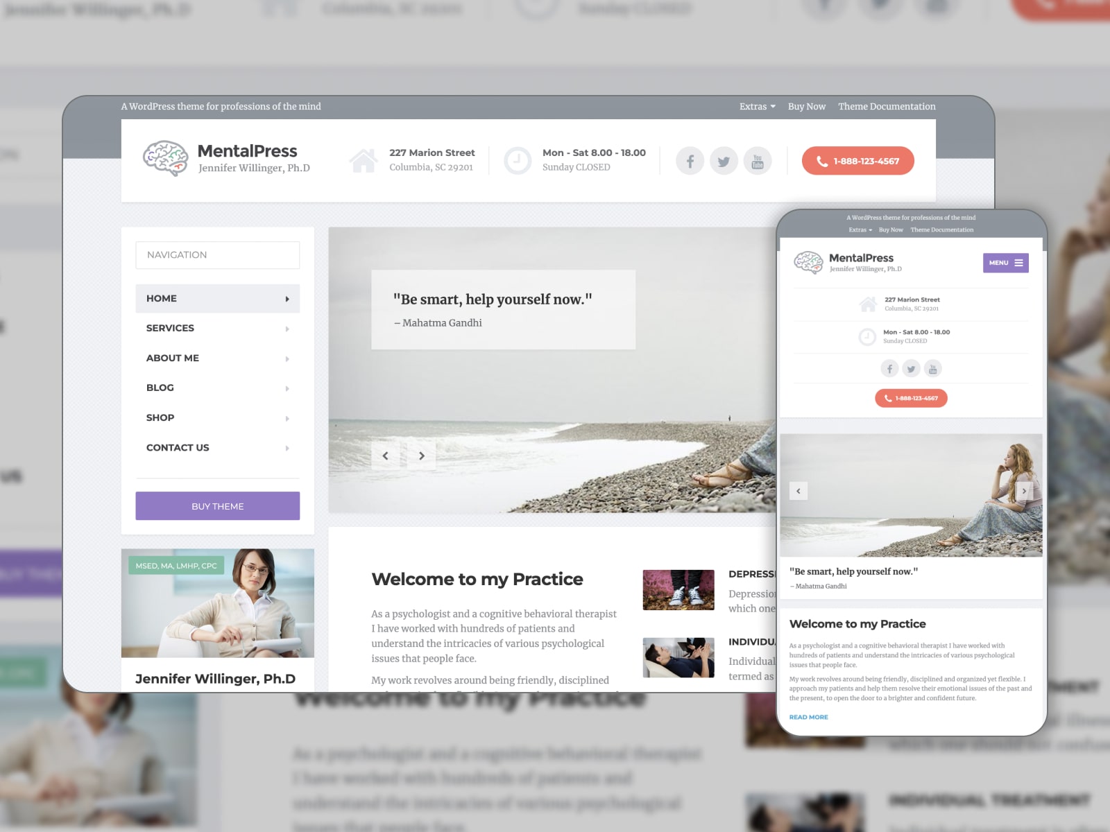 Collage of the MentalPress theme for WordPress medical and health websites in white and beige colors.
