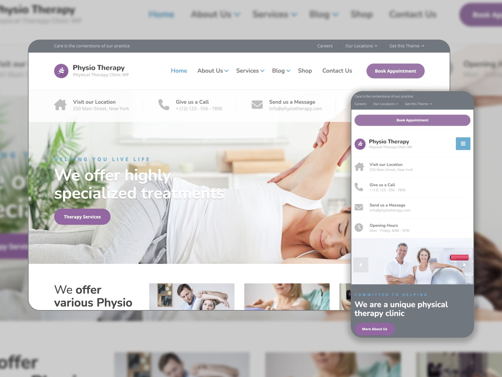 Collage of the Physio theme for health websites in white, violet and gray colors.