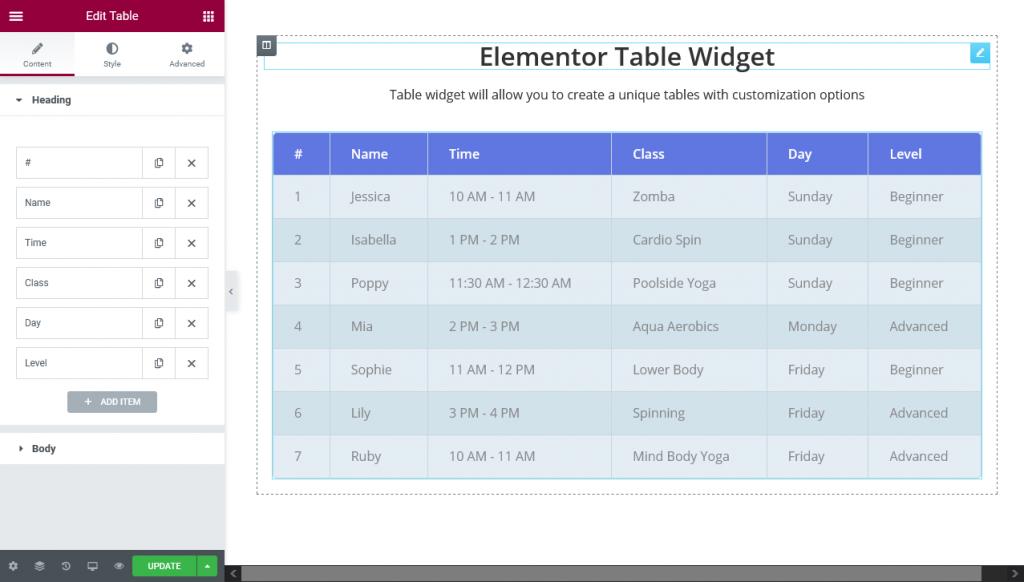 elementor table widget