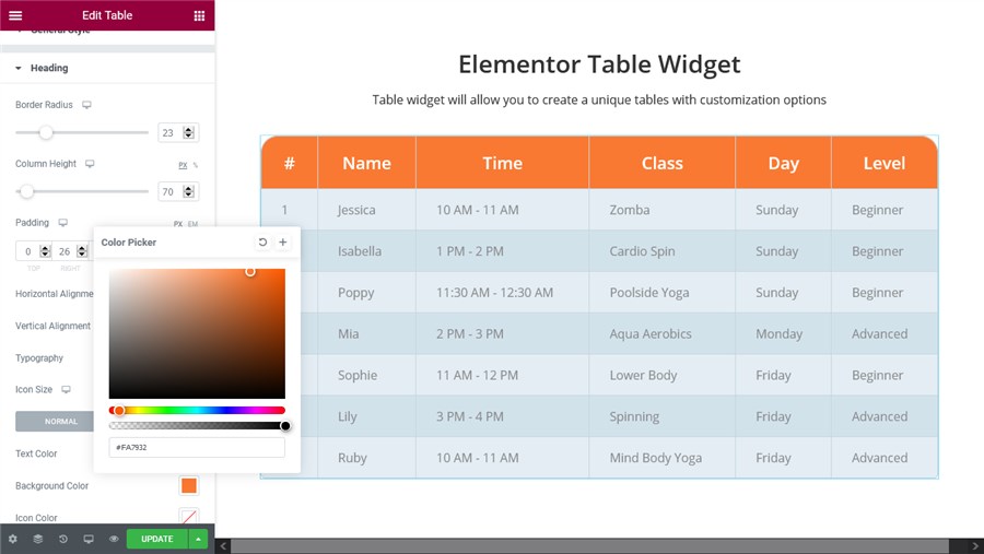 heading customization table widget