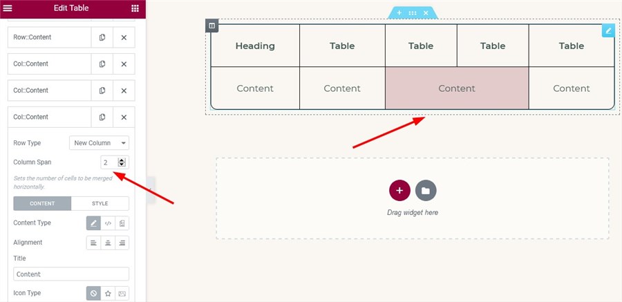 merge cells elementor table widget