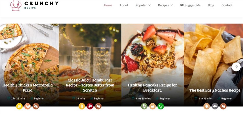 Screenshot of the Yummy Bites food blog WordPress theme demo page.