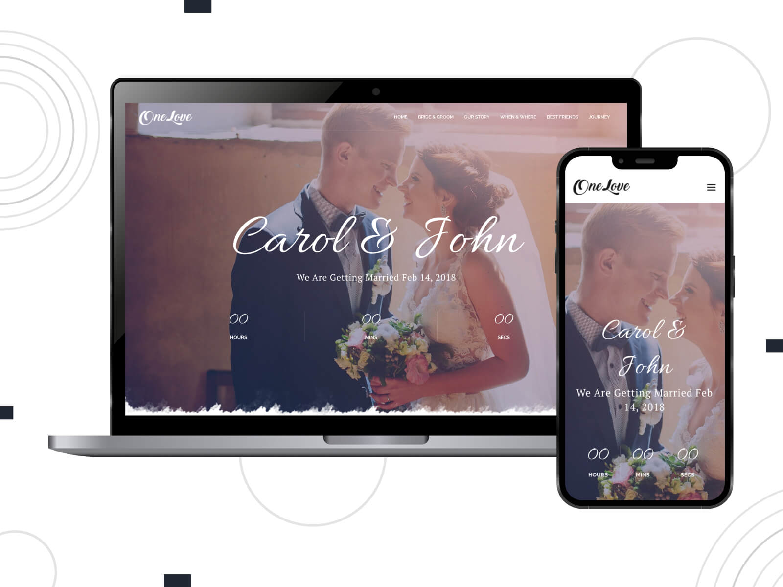 Collage of OneLove - dim, rich, traditional-themed WordPress templates for classic wedding elements and motifs in dim gray, dark slate gray, and rosy brown hues.