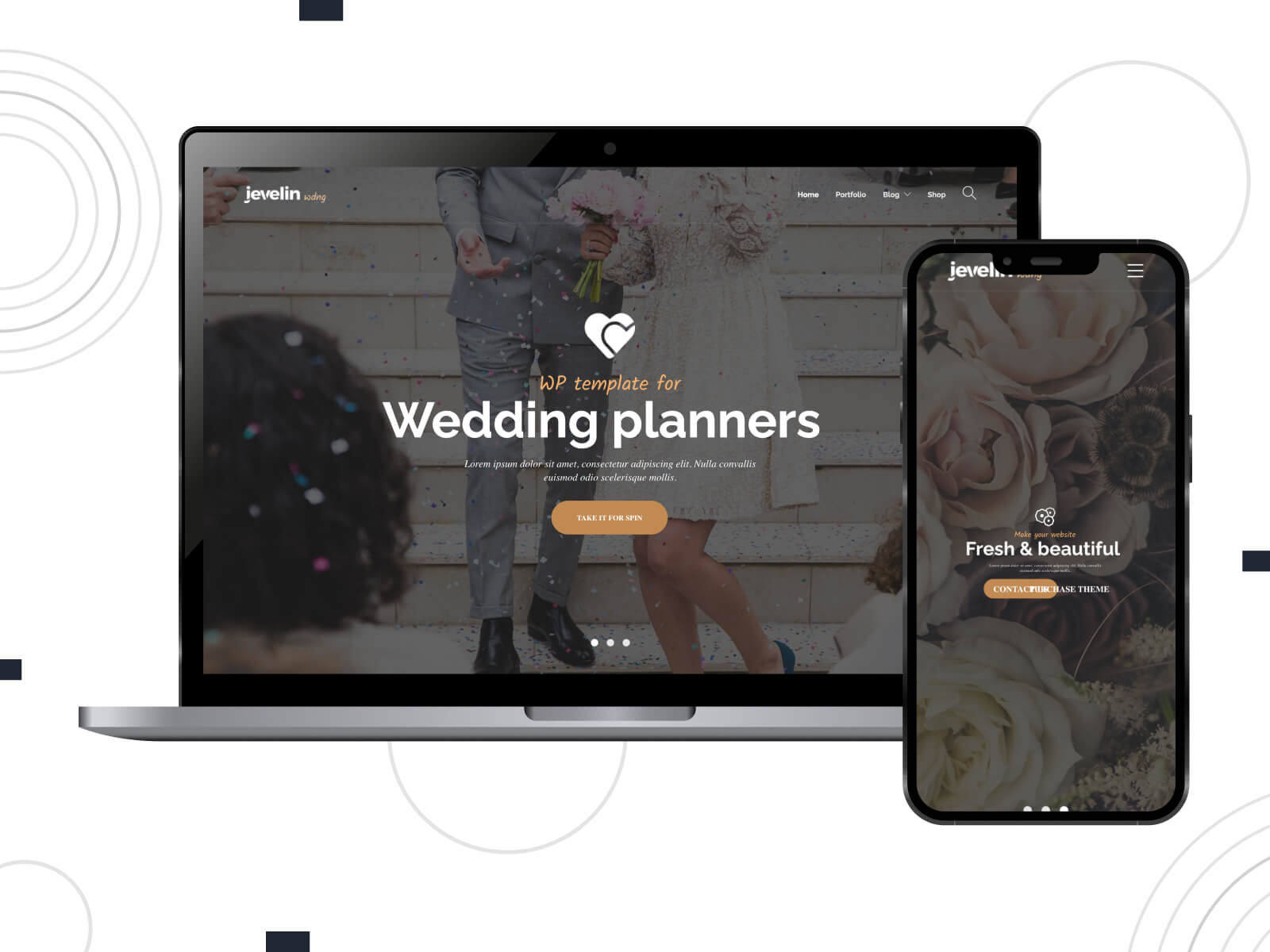 Screenshot of Jevelin - dim, inviting, professional WordPress themes designed for wedding planners and coordinators in color range.