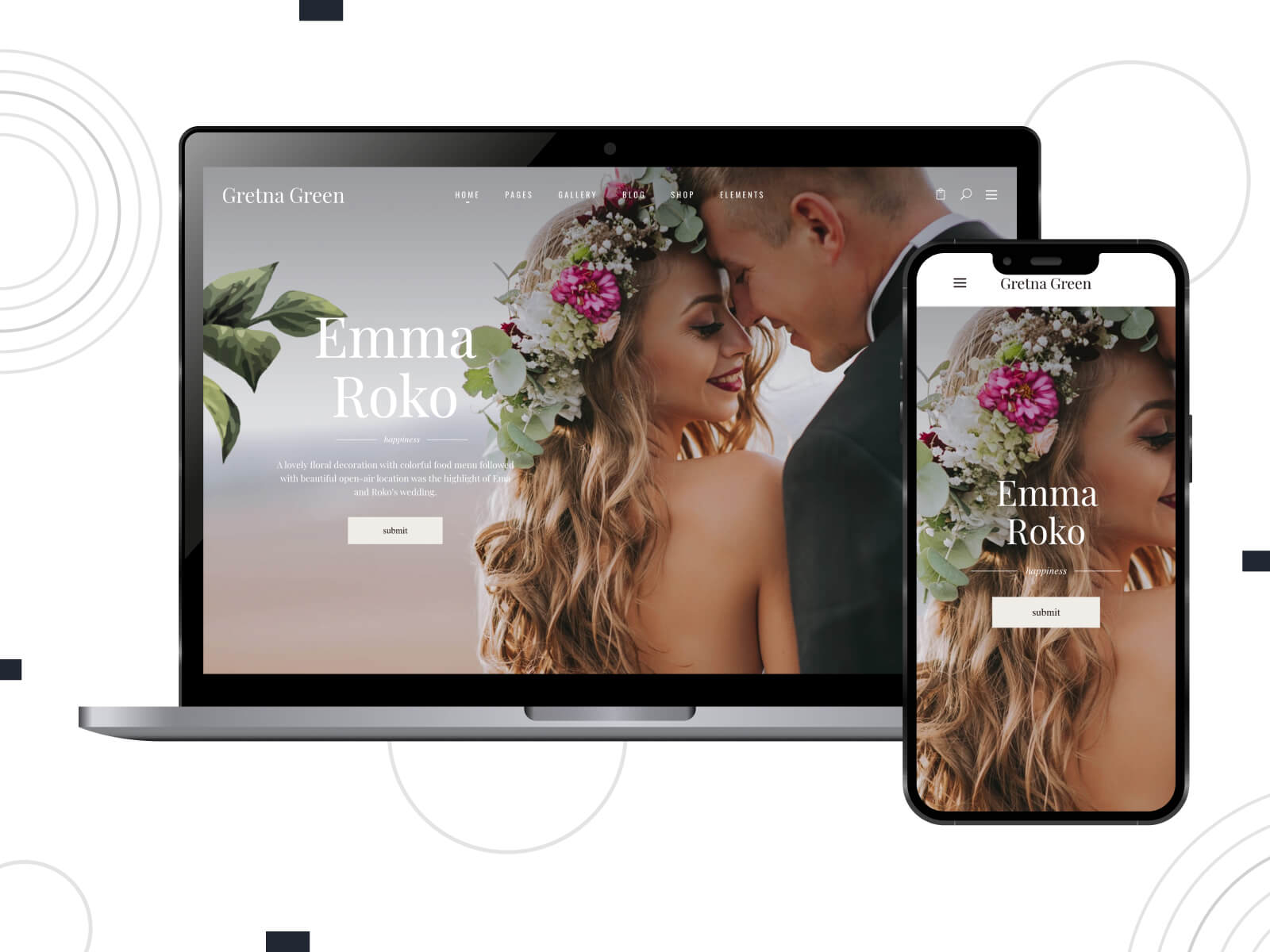 Screenshot of Gretna Green - dim, warm, intuitive wedding themes for WordPress featuring interactive RSVP and guest management tools in saddle brown, sienna, and gray color palette.