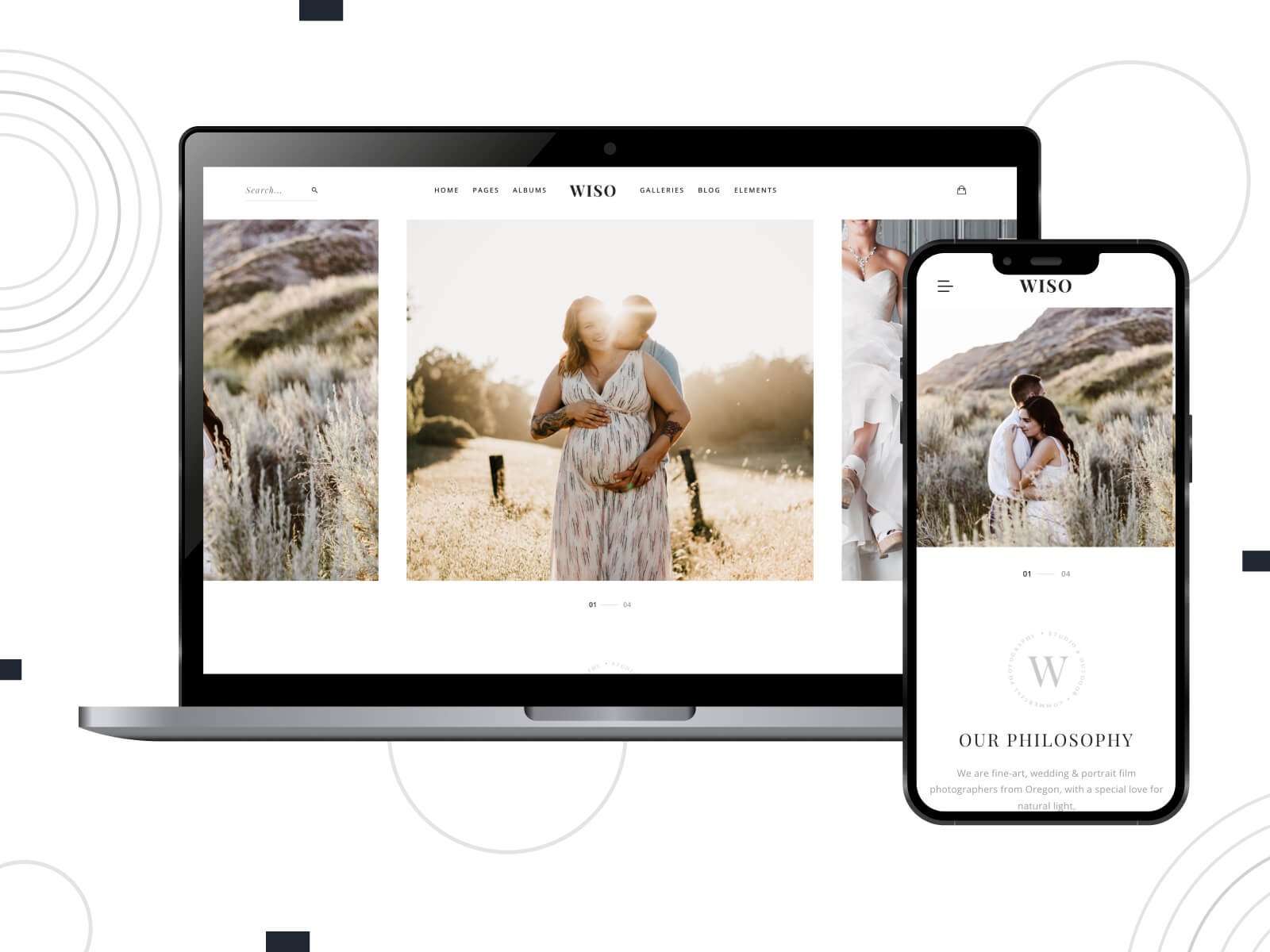 Collage of Wiso Photography - light, rich, multi-functional WordPress templates for weddings, including e-commerce capabilities for registries in sienna, gray, and dark olive green color palette.