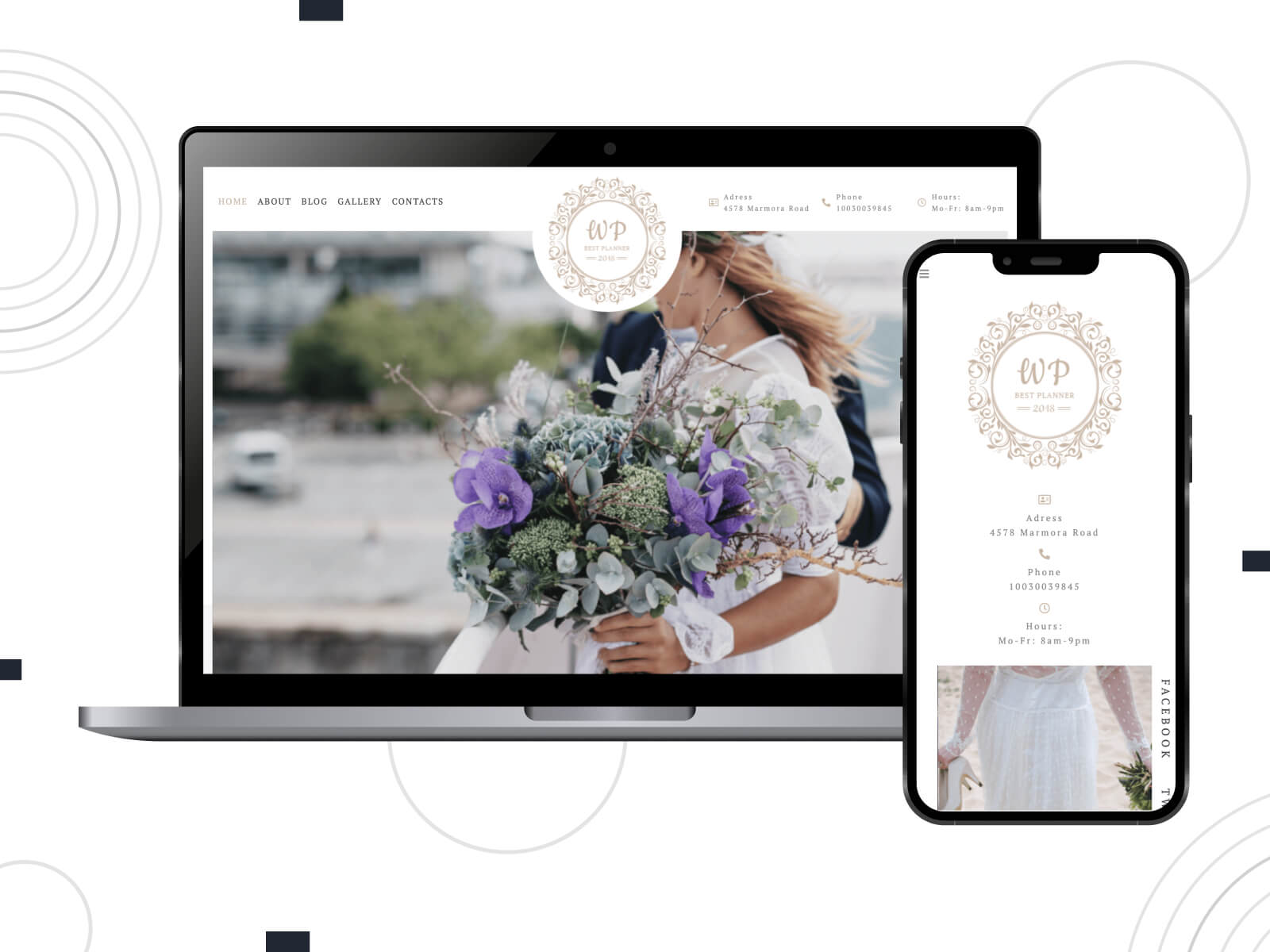 Illustration of Belle Fleur - bright, rich, mobile-responsive themes for wedding websites on WordPress in dark slate gray, gray, and dark olive green color scheme.