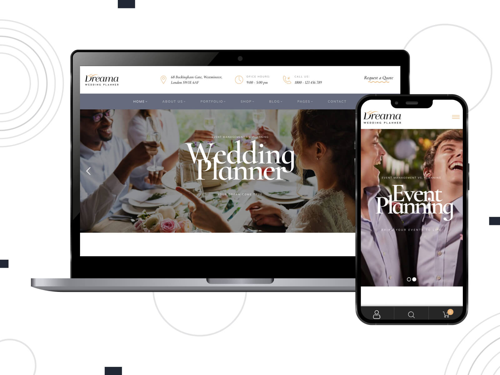 Picture of Dreama - dim, inviting, dynamic WordPress templates for wedding websites with video backgrounds and animations in dim gray, dark slate gray, and dark olive green color scheme.
