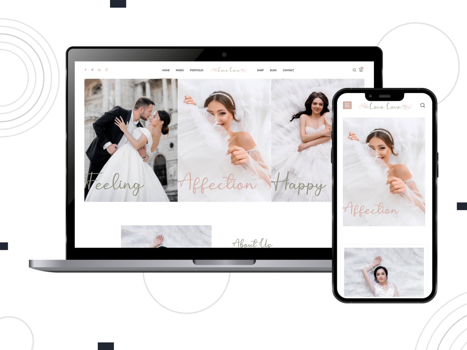 Collage of Lovelove - luminous, warm, WordPress themes focused on wedding photography with stunning portfolio displays in indian red, sienna, and rosy brown color mix.