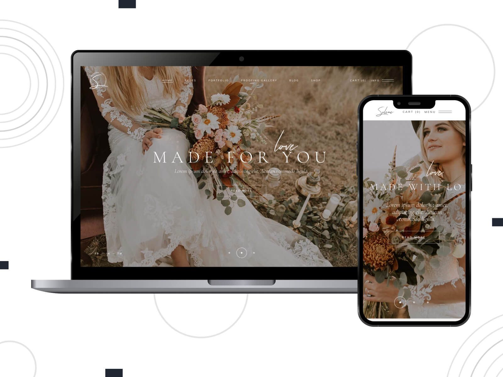 Collage of Solene - dark, rich, dreamy and whimsical WordPress themes for weddings with pastel color palettes and elegant fonts. in saddle brown, dim gray, and dark olive green color gradation.