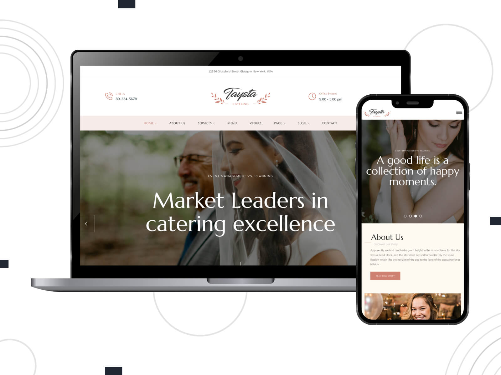 Picture of Taysta - light, warm, smooth and fast-loading WordPress themes for an efficient user experience in wedding sites in indian red, black, and peru color gradation.