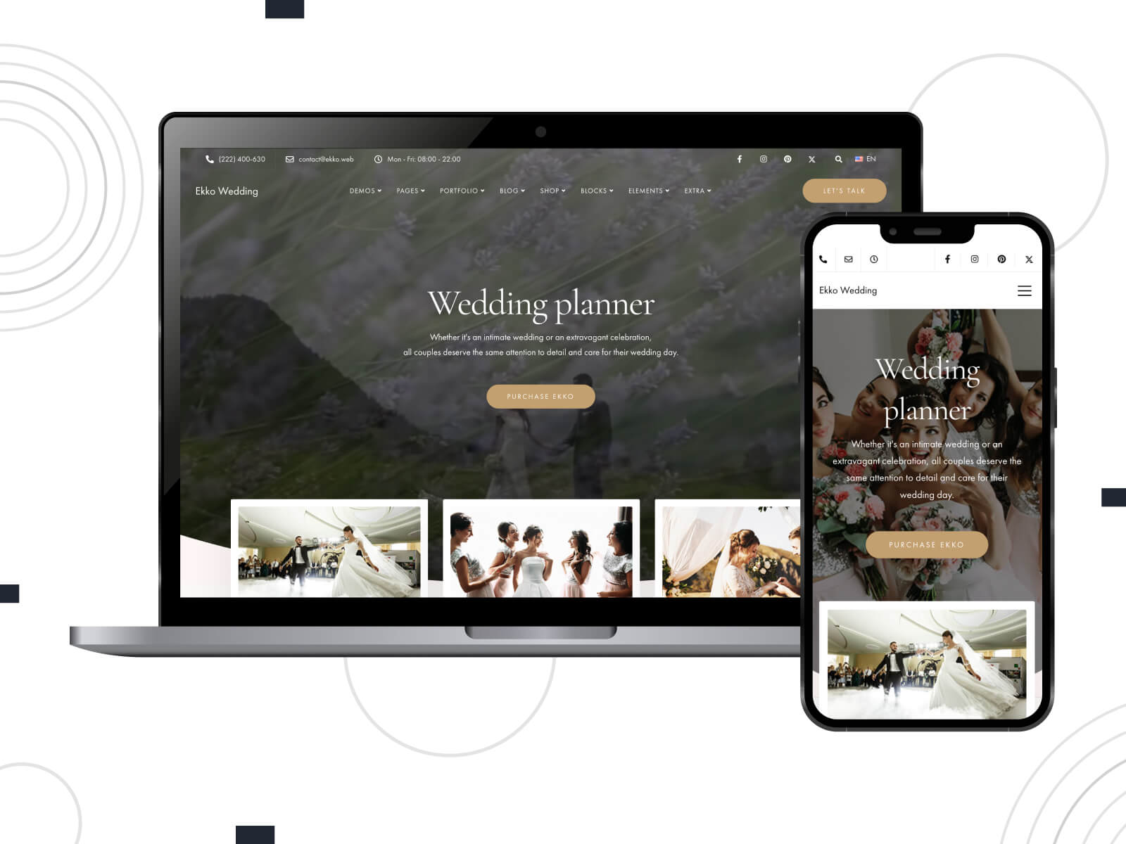 Screenshot of Ekko - dark, rich, WordPress themes with a vintage flair for classic and timeless wedding sites in black, and sienna color scheme.