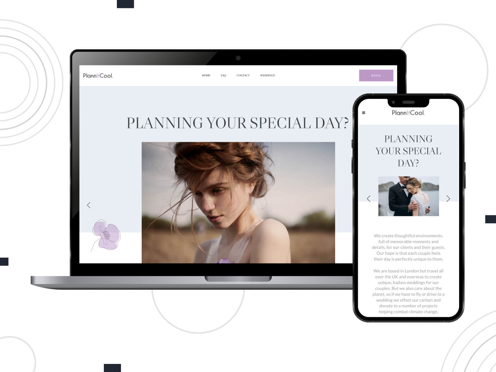 Illustration of Bridge - luminous, calm, sophisticated WordPress templates, ideal for high-end wedding ceremonies in dim gray, gray, and rosy brown color combination.