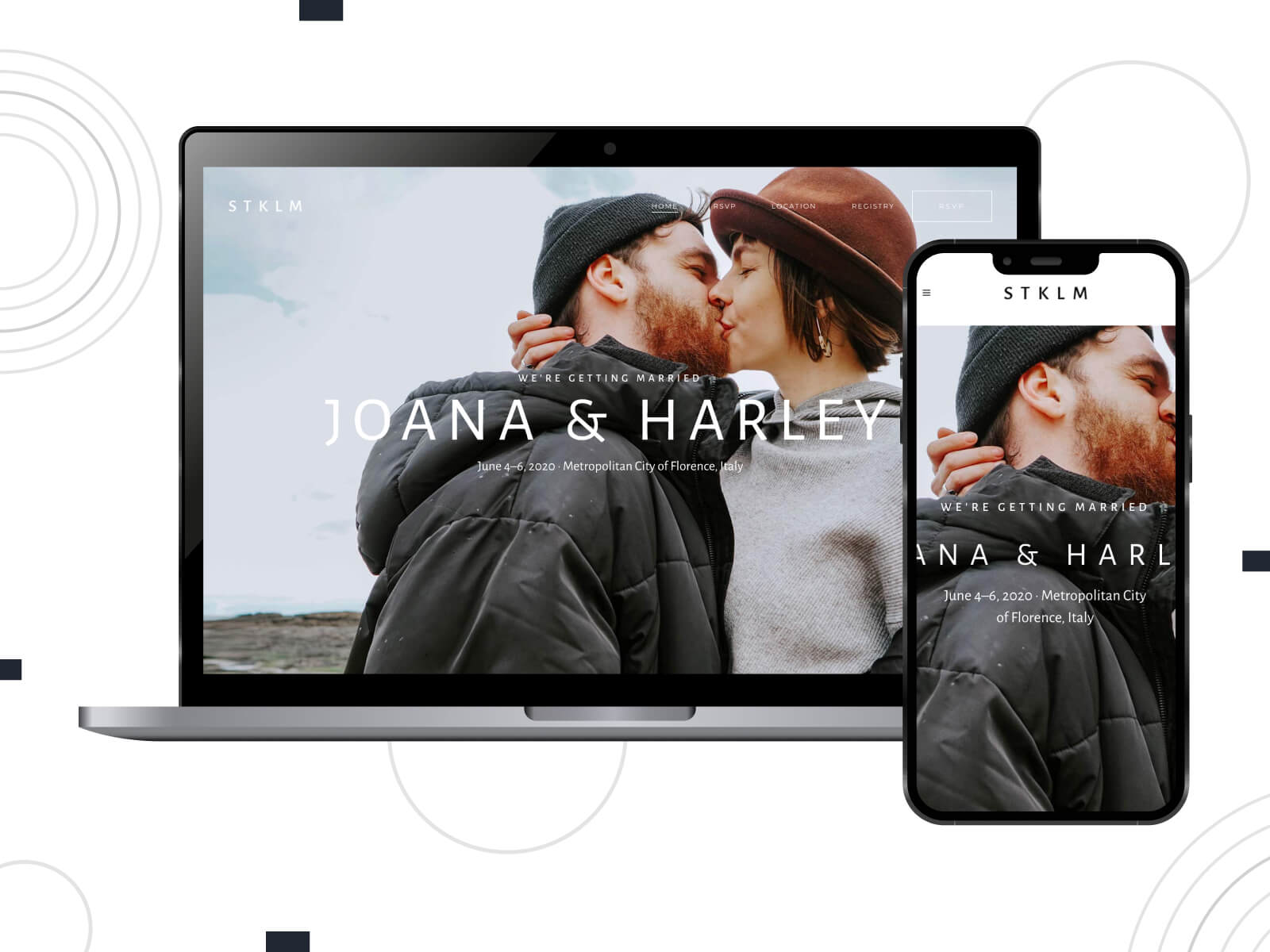 Screenshot of Stockholm - dim, rich, personalized WordPress themes for weddings, featuring the couple's story and journey in peru, gray, and dark olive green color mix.