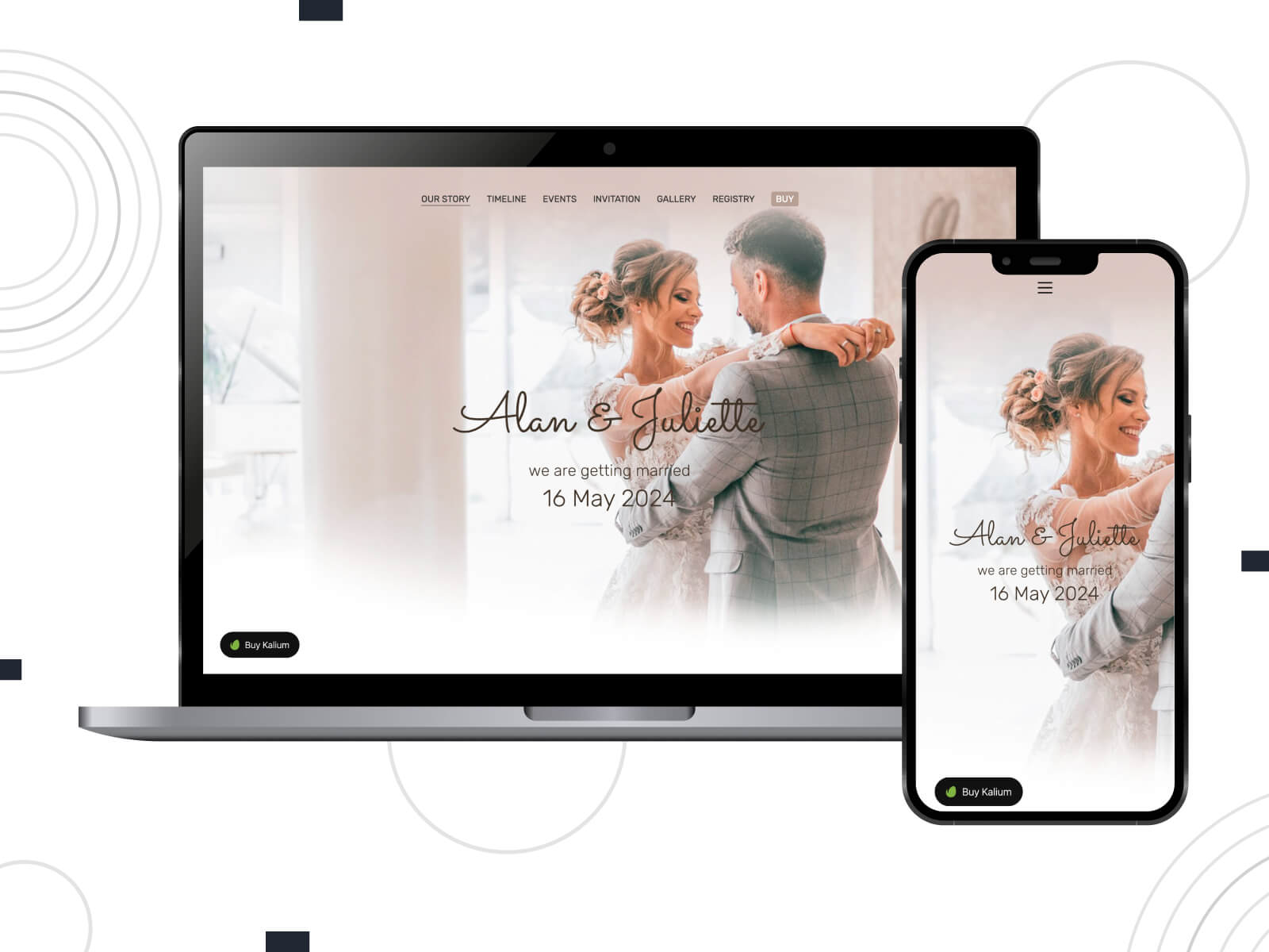 Picture of Kalium - luminous, warm, a romantic theme on WordPress for wedding sites, complete with love story timelines and photo galleries in dim gray, gray, and indian red color scheme.