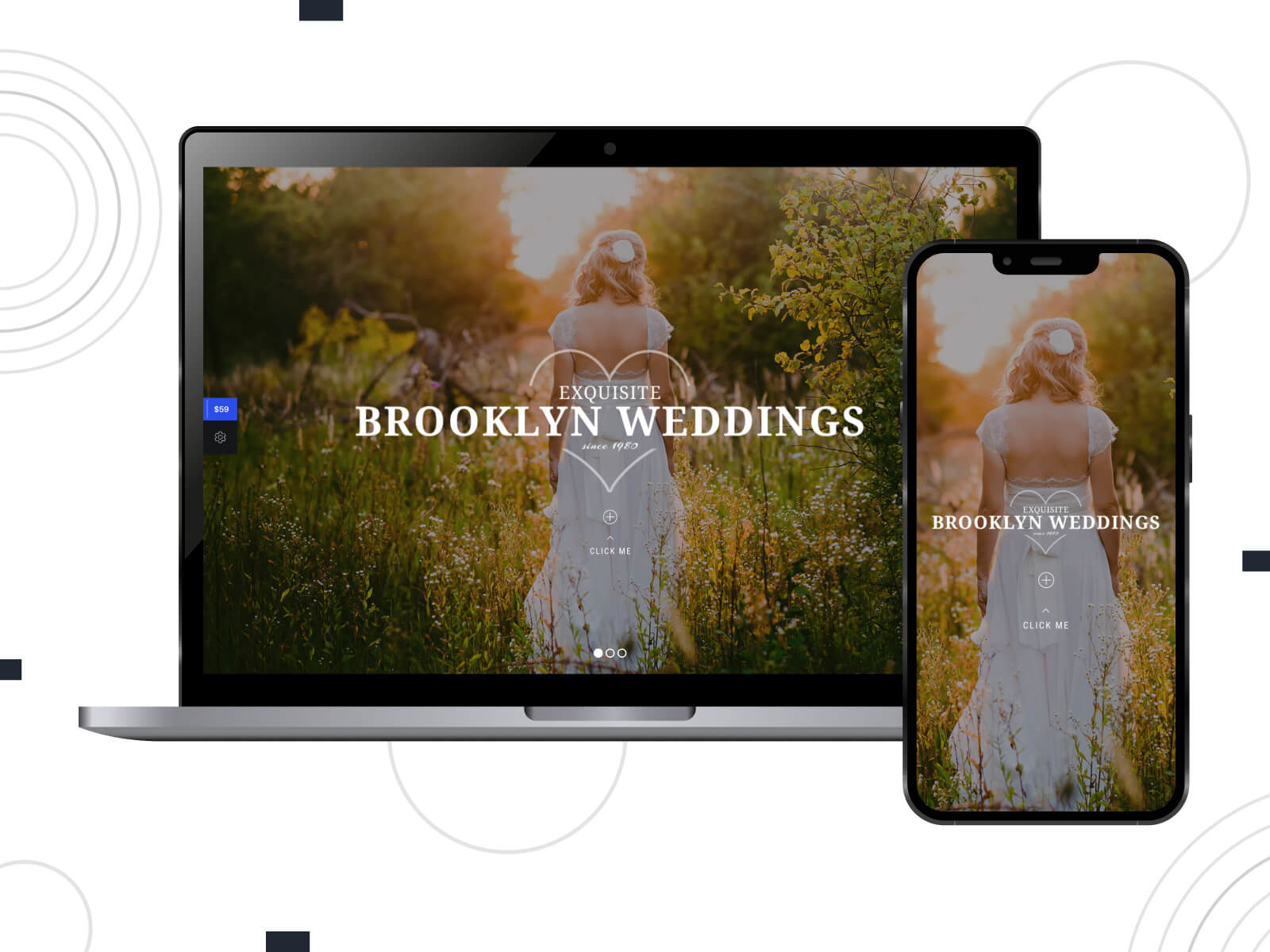 Illustration of Brooklyn - dim, rich, WordPress themes tailored for destination weddings, including travel and accommodation features in sienna, gray, and dark olive green color gradation.