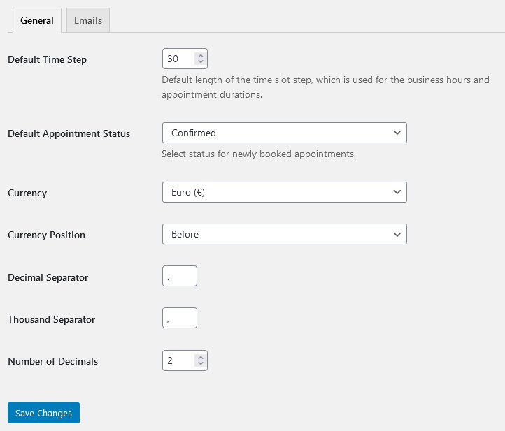 add booking to wordpress settings