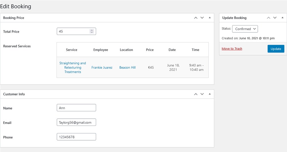 booking in a dashboard