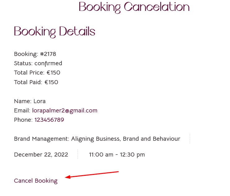 cancel booking page appointmebt