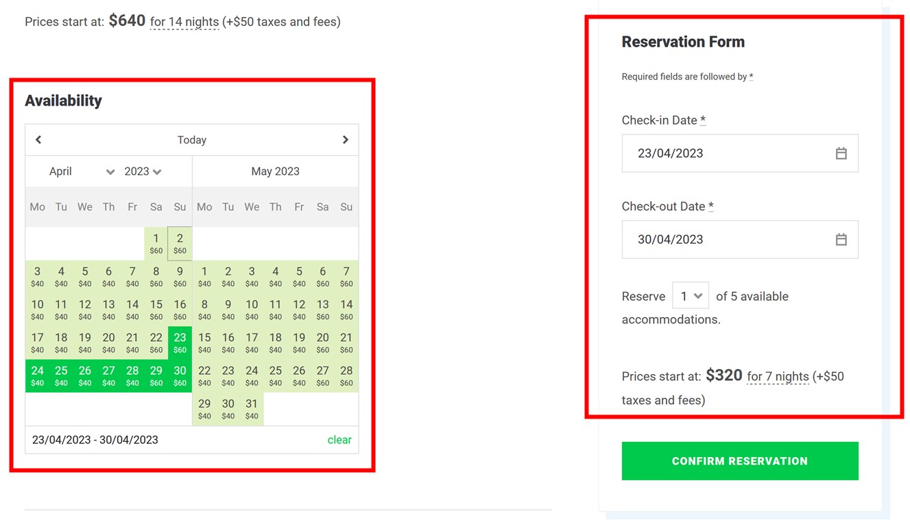 Calendar in the MotoPress Hotel Booking.