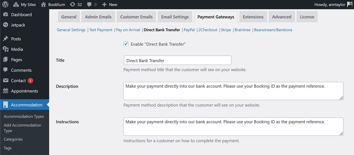 General settings - direct bank transfer.