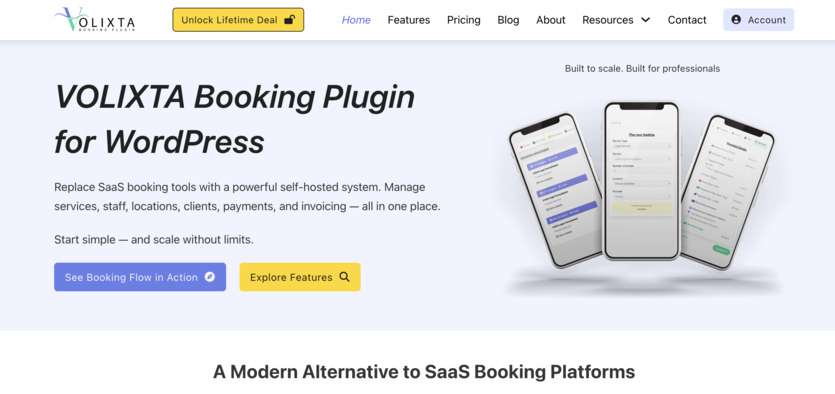 Screenshot of the VOLIXTA Booking homepage.
