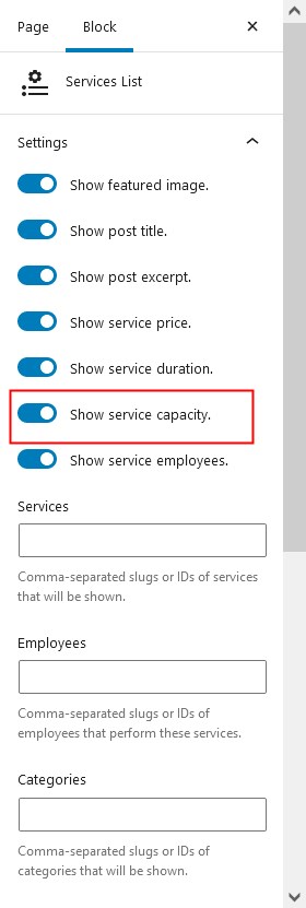 show service capacity block editor
