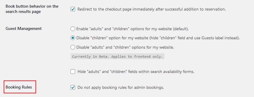 booking rules settings