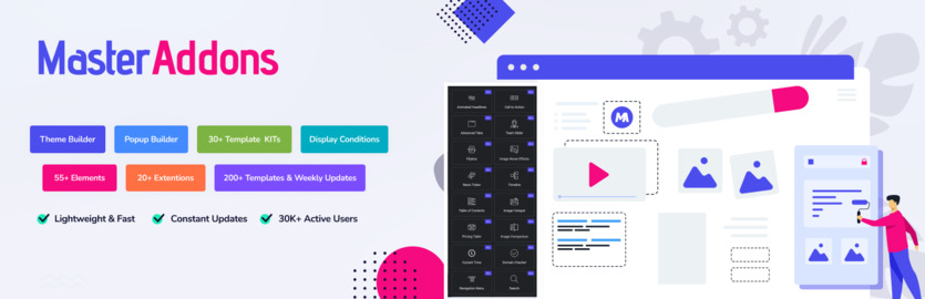 Collage of the Master Addons plugin for business building with Elementor.