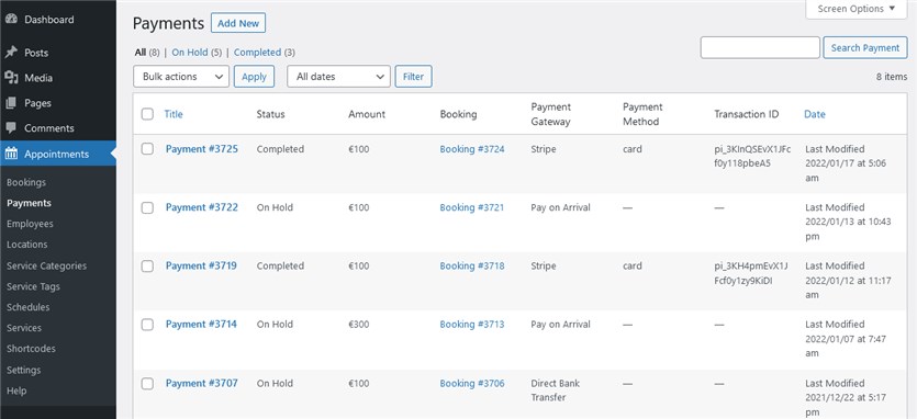 payment history appointment booking