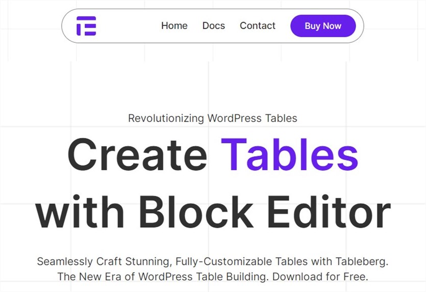 Screenshot of the Tableberg table plugin homepage in white and violet colors.